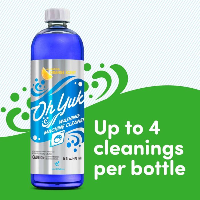 Bottle of Oh Yuk washing machine cleaner, labeled