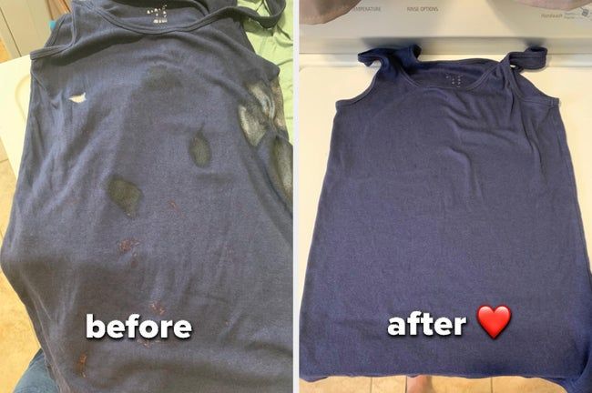 A before image of a stained shirt and an after image showing it clean and without stains
