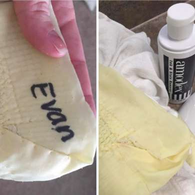 A blanket with Sharpie marks on it, followed by the same blanket completely clean after using the ink remover.