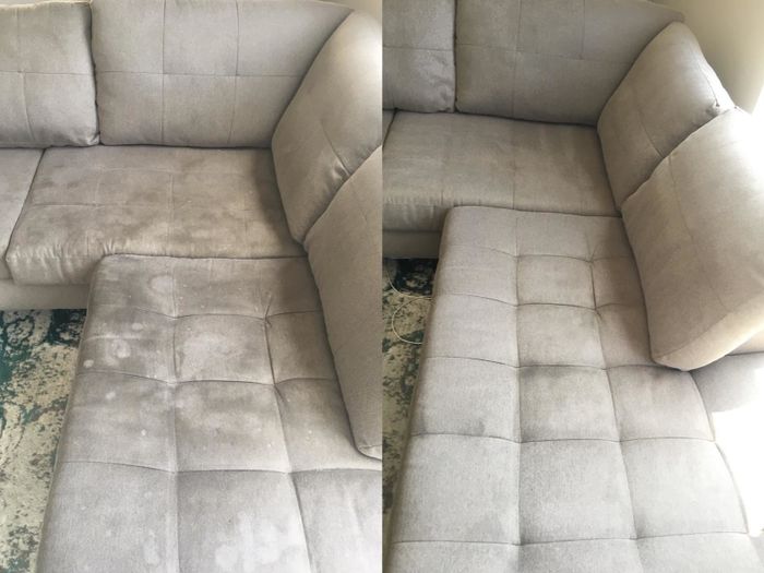 A before-and-after photo from a reviewer showing a couch that was once stained and patchy, now spotless after using the cleaner.