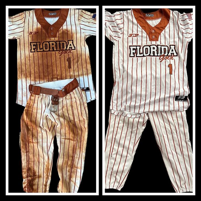 Two youth baseball uniforms from J12 are shown: one clean and one dirty with grass stains, both featuring vertical stripes
