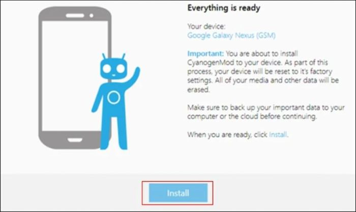 nhấn Install để tiếp tục quá trình nâng cấp