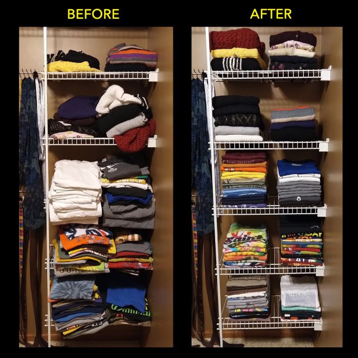 Before and after image of a closet organizing project, showing clothes neatly folded on white wire shelves