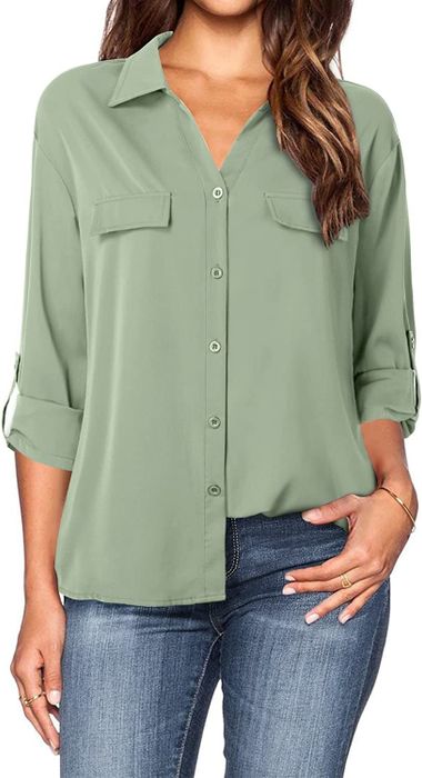 The green button-down shirt with the sleeves rolled up and buttoned.