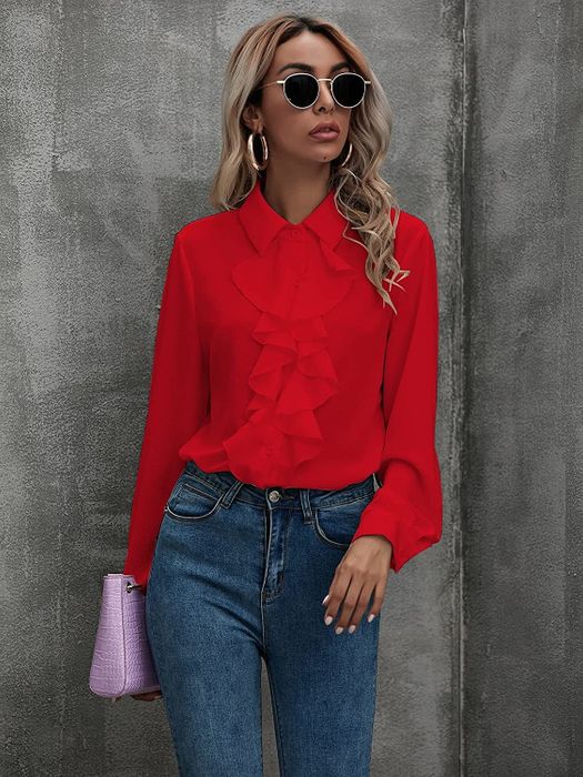 The model is wearing the red shirt with a ruffled front