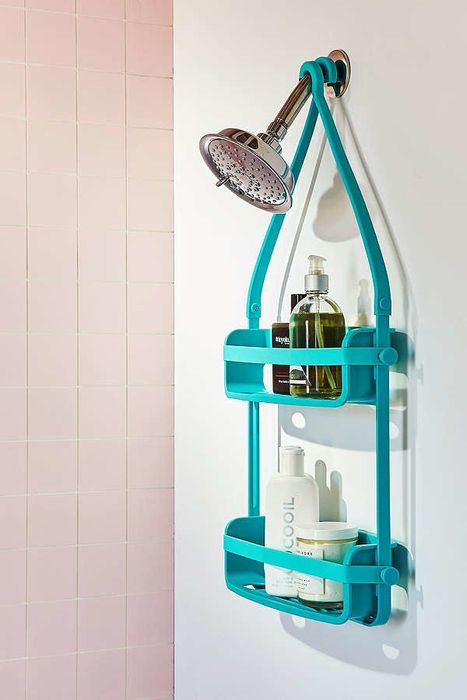 two-tier shelf with flexible arms that wrap around the shower head