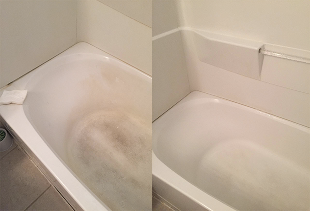 before: grimy tub after: sparkling clean tub