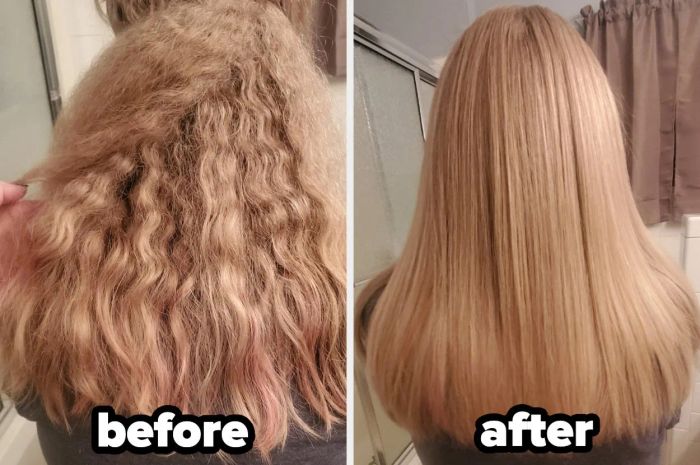 A side-by-side image shows hair before and after using a smoothing treatment. On the left, the hair is frizzy and wavy; on the right, it is smooth and straight.