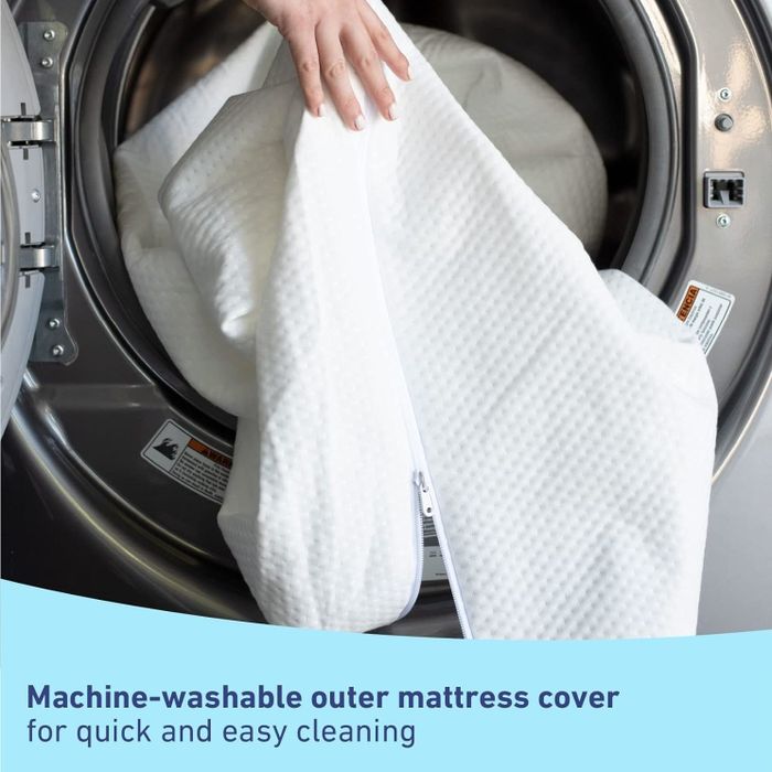 A person is placing a white, textured mattress cover into a washing machine, showcasing the convenience of easy cleaning for potential buyers.