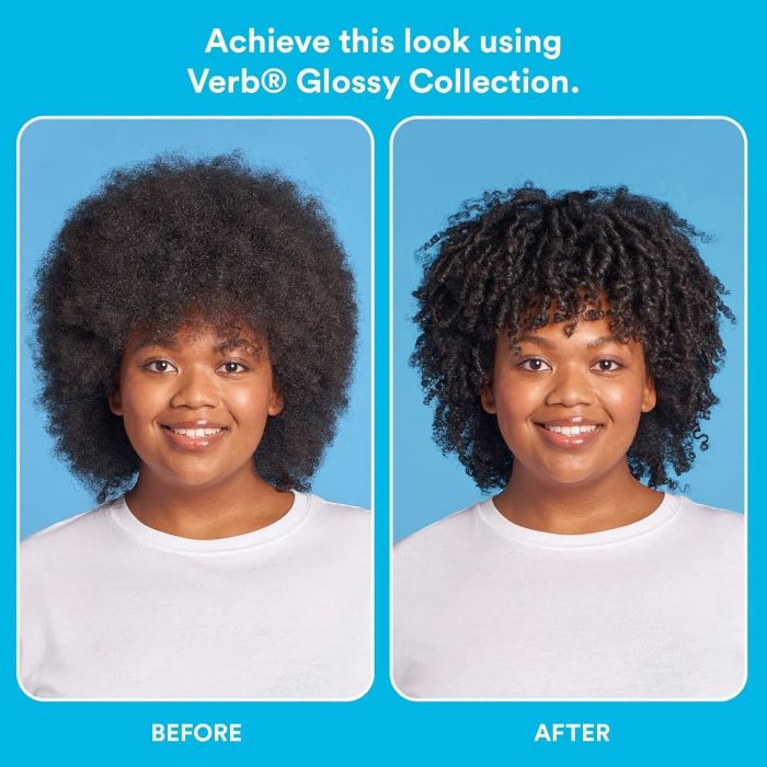 A person is shown before and after using Verb® Glossy Collection, with their hair transformed from a voluminous, frizzy style to defined, glossy curls.