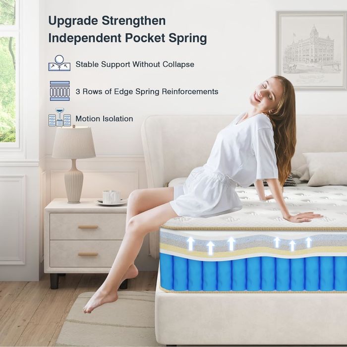 An image of a woman sitting on a bed, highlighting the mattress's features: stable support, edge spring reinforcements, and effective motion isolation.