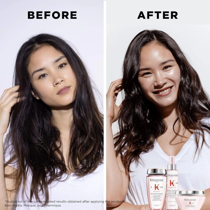 Side-by-side before and after images of a woman showcasing her hair transformation with Kerastase products.