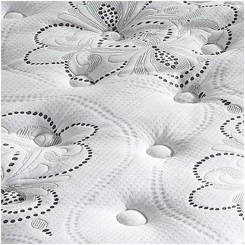 A close-up shot of a mattress showcasing intricate floral and dotted patterns that add a touch of detail and style.
