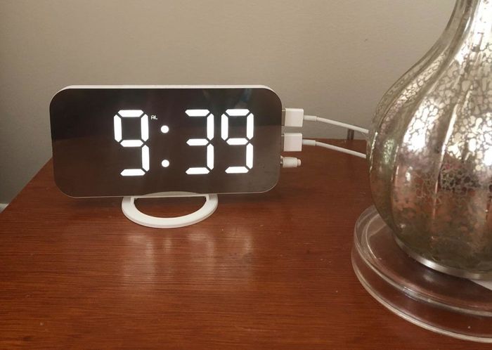 The alarm clock sitting on a reviewer’s nightstand.