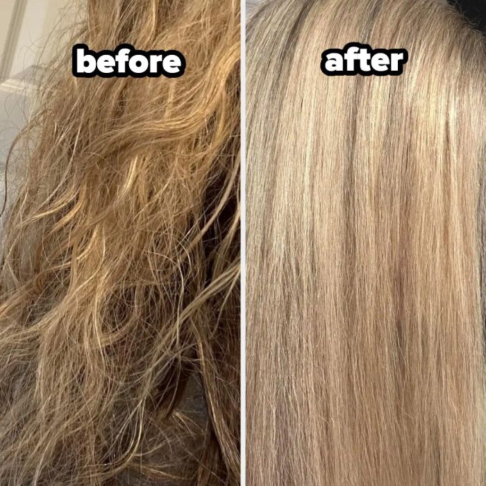 A before and after comparison of hair treatments, showing frizzy, untamed hair on the left, and smooth, straightened hair on the right.