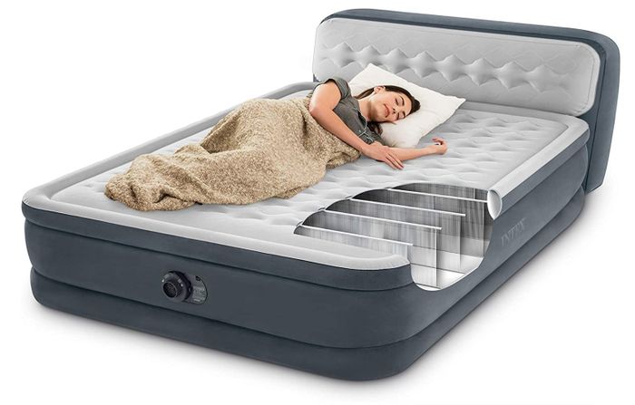 A model relaxing on a soft air mattress with a built-in pump, an ultra-plush headboard, and a convenient portable storage carrying case.