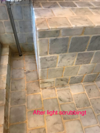 the same shower, with mold nearly gone and grout looking much cleaner