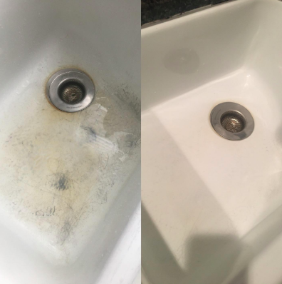 white porcelain sink with dark stains followed by the same sink spotless and clean