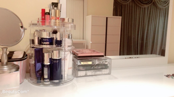 same reviewer's organizer showcasing a variety of skincare products
