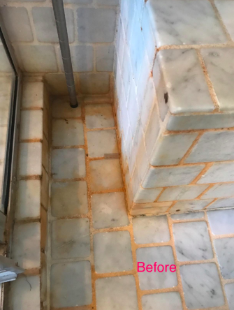 tiled shower with mold covering the grout