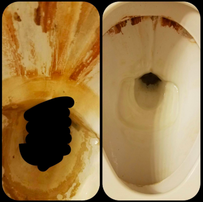 a toilet covered in stains, followed by the same toilet now spotless