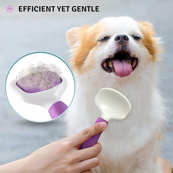 Person brushing a fluffy dog, showing a pet grooming brush with text