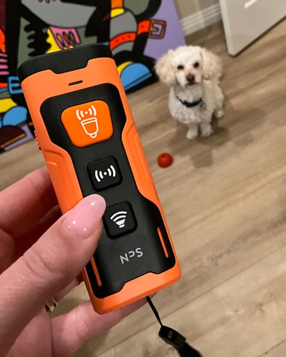 Reviewer holding the black and orange dog bark silencer device