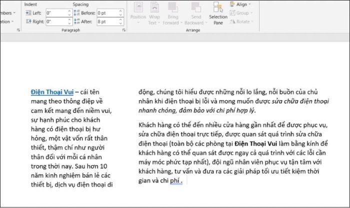 cách chia văn bản thành 2 cột trong Word