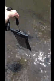 A reviewer dropping their phone in the waterproof case into a flowing river.