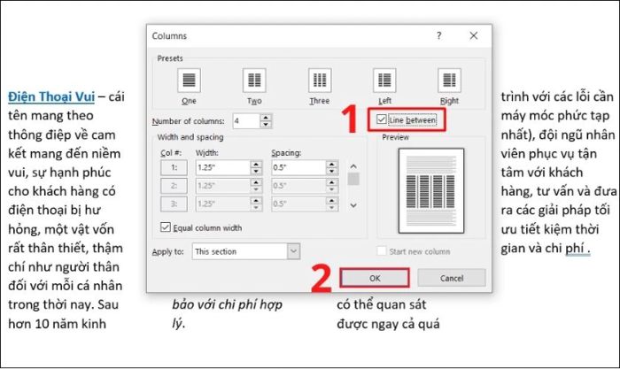 cách chèn đường phân cách giữa các cột