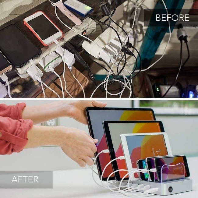 A before-and-after image: one showing tangled devices and cords, and the other showing an organized charging station with six devices, from a small phone to a large tablet, charging neatly.