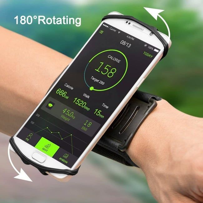 A model wearing a wrist strap with a phone holder that rotates 180 degrees on their wrist.