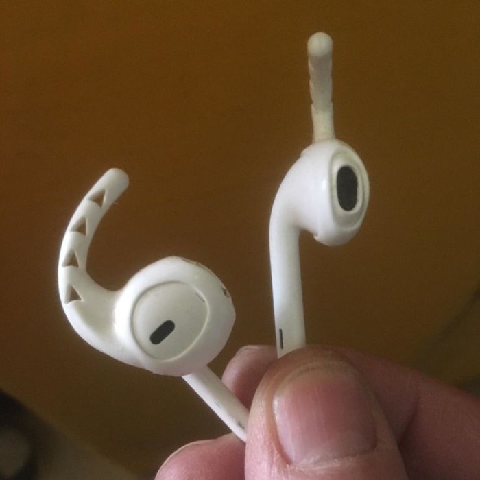 A close-up view of the hooks on AirPods.