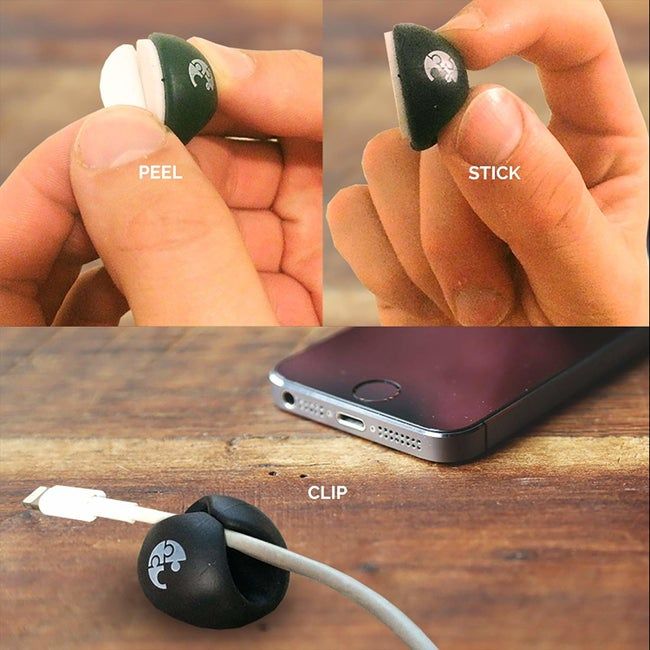 Peel-and-stick clips that cinch a charging cable and hold it securely in place on a desk.
