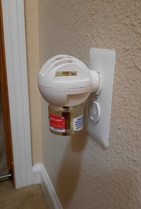 The Feliway diffuser plugged into the wall.