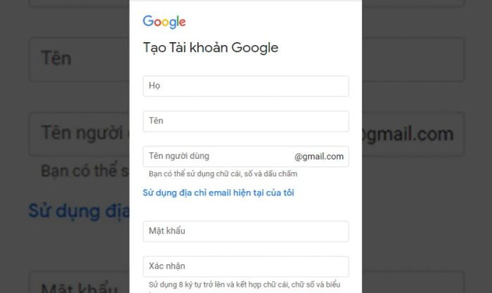 Cung cấp đầy đủ các thông tin mà Gmail yêu cầu theo từng mục chi tiết.