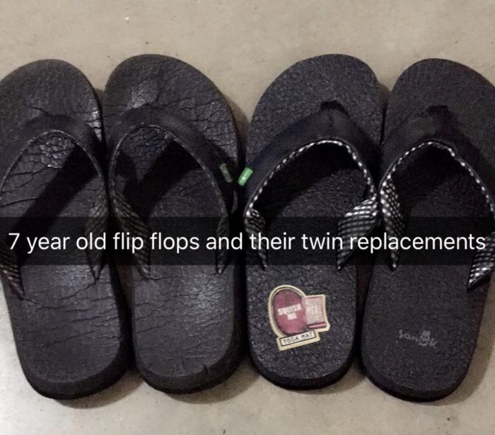 Two pairs of flip-flops displayed side by side, one worn and one new, with text highlighting their age and need for replacement.