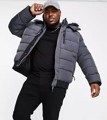 Model wearing the grey jacket