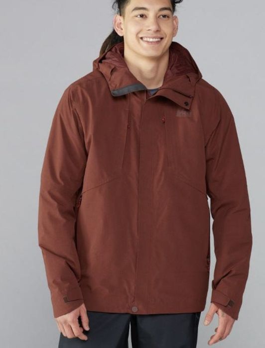 Same model wearing the jacket in copper spice heather