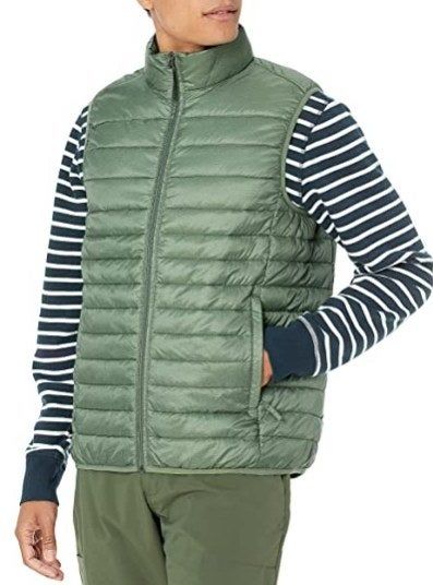 Model wearing the green vest