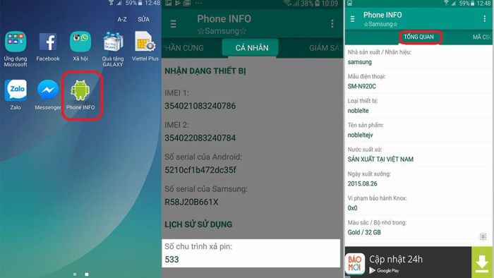 Cách kiểm tra số lần sạc pin trên Samsung thông qua ứng dụng Phone INFO