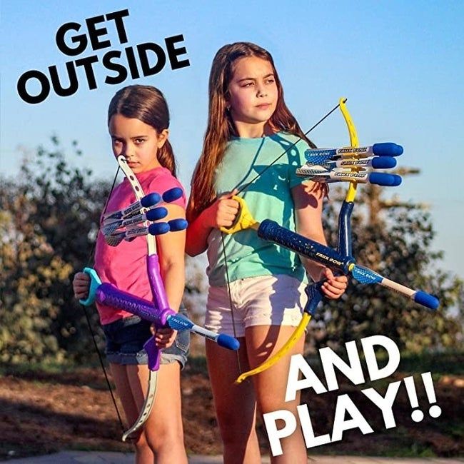 A pair of children with bows and arrows in hand, ready for action