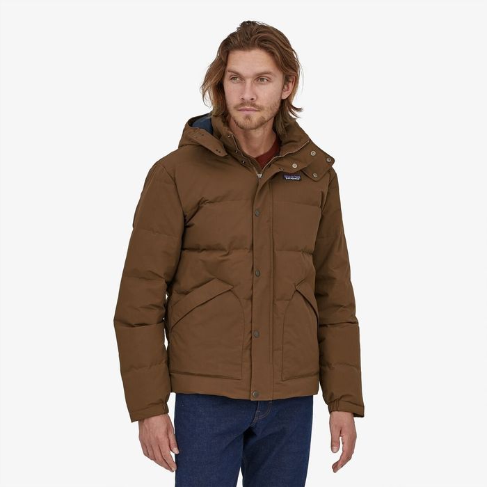 Model wearing the Patagonia jacket in brown
