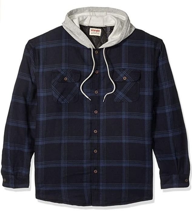 A long-sleeve quilted shirt from Wrangler in total eclipse with a hood for added comfort and warmth.