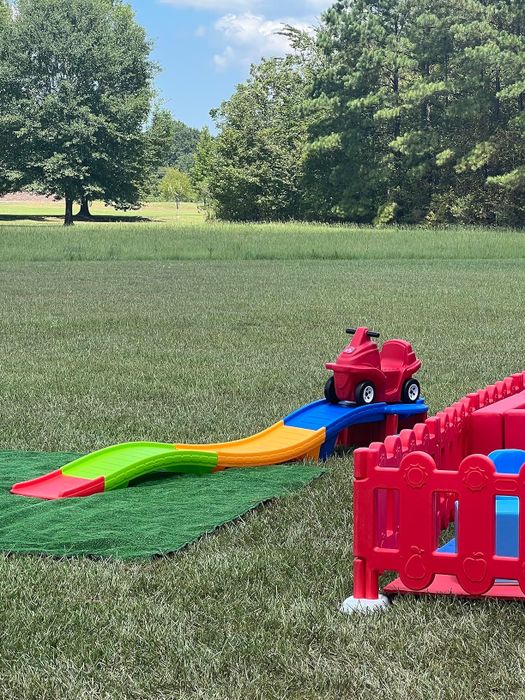 An outdoor play area for kids, featuring a small red toy car on a bright slide, a red fence, set against a grassy field with trees in the background.