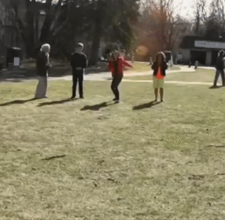 Friends tossing rubber chickens to land on the disc in a friendly competition.