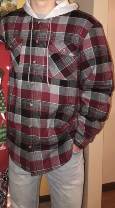 A reviewer is sporting the red hooded flannel.
