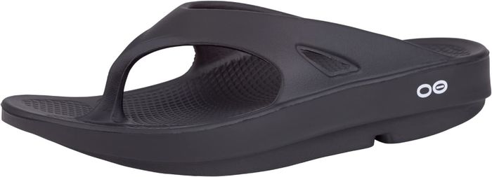 Black recovery flip-flops with a unique toe-post design and a cushioned footbed for enhanced comfort.
