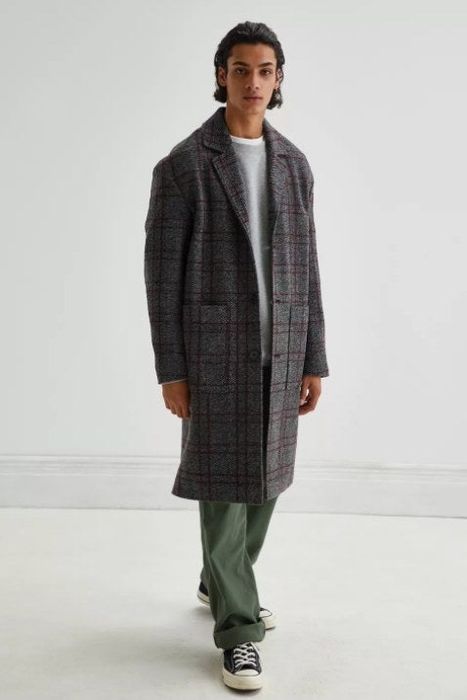 Model wearing the plaid topcoat