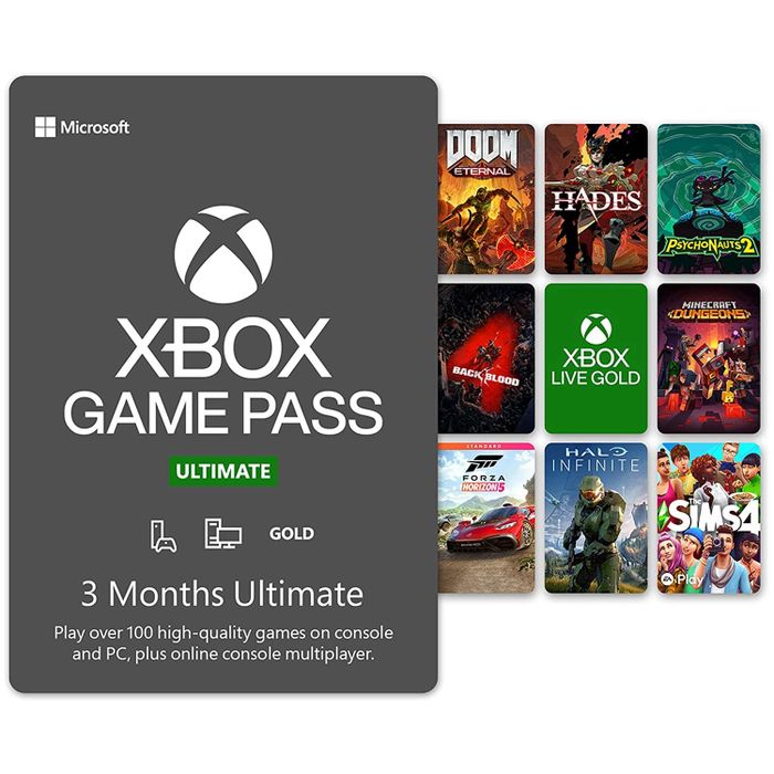 An image showcasing various video game scenes, with the sleek gray Xbox Game Pass card prominently displayed in the foreground.